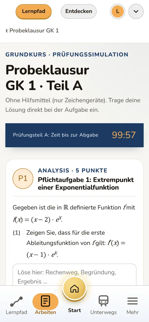 App-Bildschirm Prüfungssimulation: Probeklausur Grundkurs, Teil A, mit laufendem Timer