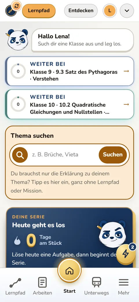 App-Startseite: Planda begrüßt, darunter „Weiter bei“ und die Themensuche mit großer Lupe