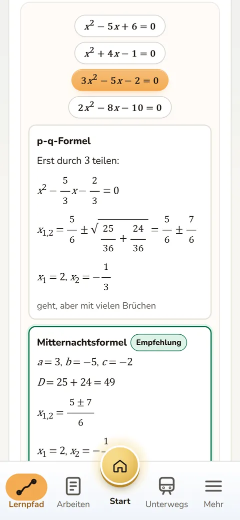 App-Bildschirm Verstehen: eine quadratische Gleichung mit p-q-Formel und Mitternachtsformel im Vergleich, mit Empfehlung